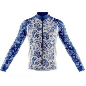 NWT Frelsi Serenity Blue/White Paisley Long Sleeve FullZip Cycling Jersey Men XL